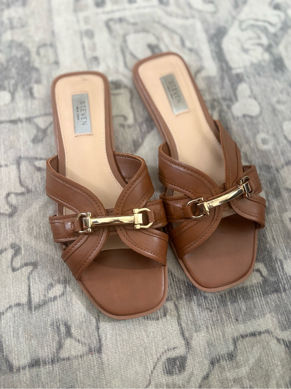 STEVEN New York Hellen Brown Gold Hardware Slide Sandals Size 8